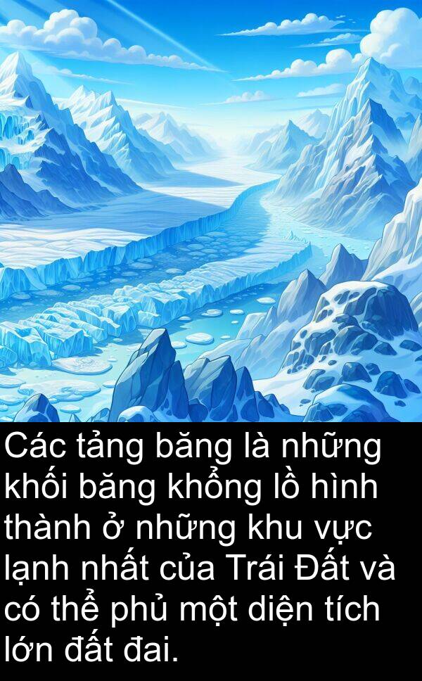 phủ: Các tảng băng là những khối băng khổng lồ hình thành ở những khu vực lạnh nhất của Trái Đất và có thể phủ một diện tích lớn đất đai.