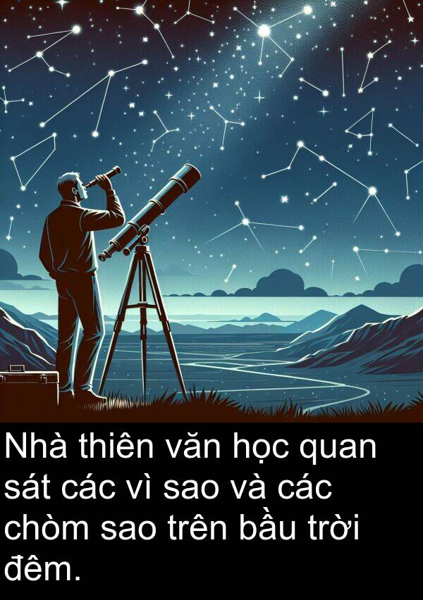 chòm: Nhà thiên văn học quan sát các vì sao và các chòm sao trên bầu trời đêm.