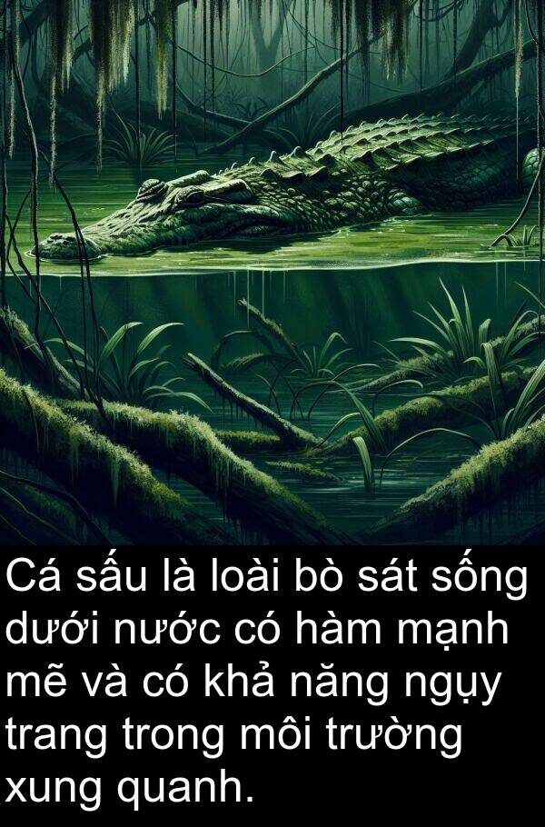 môi: Cá sấu là loài bò sát sống dưới nước có hàm mạnh mẽ và có khả năng ngụy trang trong môi trường xung quanh.