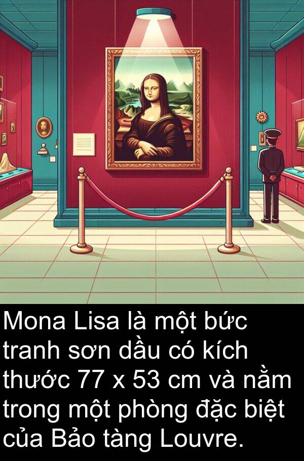 sơn: Mona Lisa là một bức tranh sơn dầu có kích thước 77 x 53 cm và nằm trong một phòng đặc biệt của Bảo tàng Louvre.