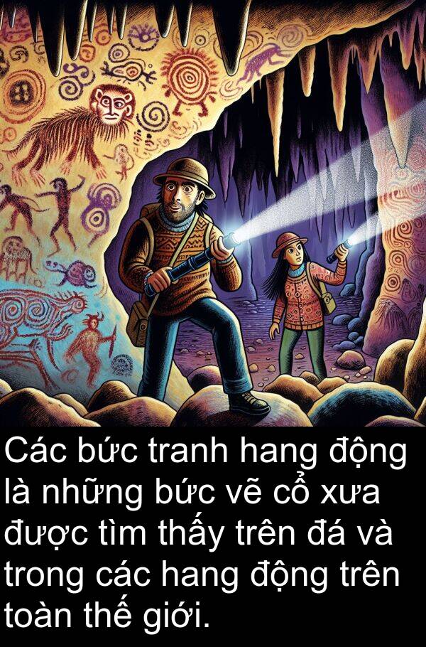 xưa: Các bức tranh hang động là những bức vẽ cổ xưa được tìm thấy trên đá và trong các hang động trên toàn thế giới.