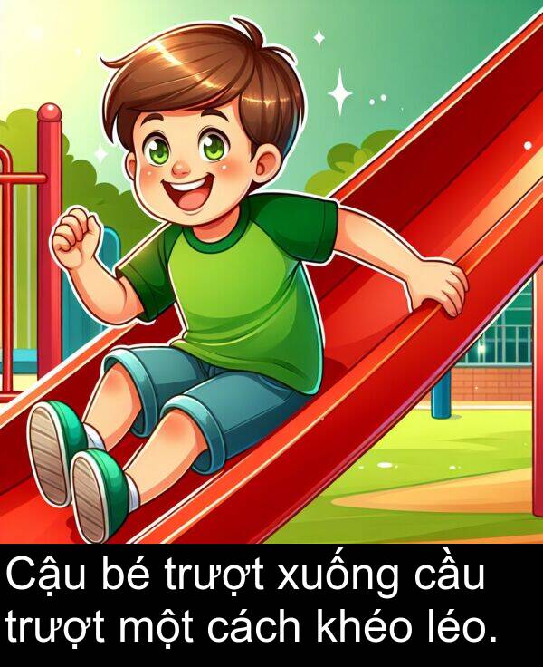 xuống: Cậu bé trượt xuống cầu trượt một cách khéo léo.