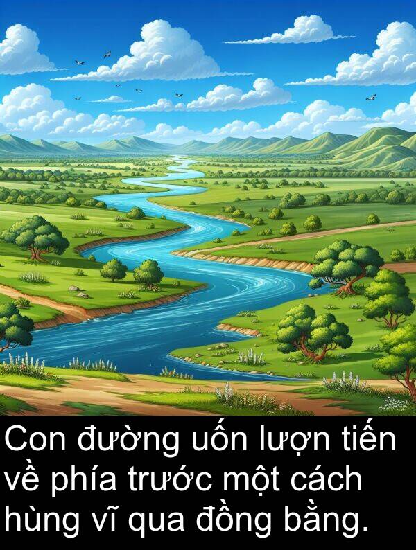 trước: Con đường uốn lượn tiến về phía trước một cách hùng vĩ qua đồng bằng.