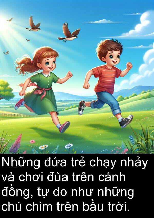 chú: Những đứa trẻ chạy nhảy và chơi đùa trên cánh đồng, tự do như những chú chim trên bầu trời.