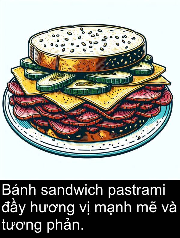 sandwich: Bánh sandwich pastrami đầy hương vị mạnh mẽ và tương phản.