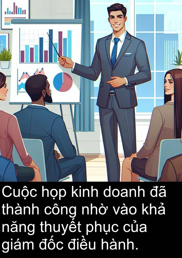 nhờ: Cuộc họp kinh doanh đã thành công nhờ vào khả năng thuyết phục của giám đốc điều hành.