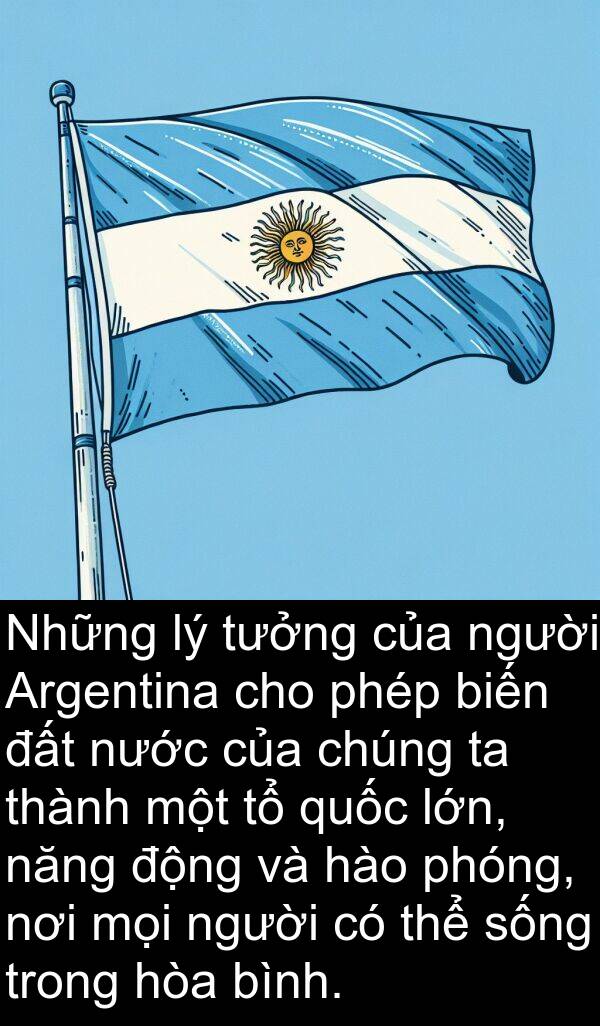 phóng: Những lý tưởng của người Argentina cho phép biến đất nước của chúng ta thành một tổ quốc lớn, năng động và hào phóng, nơi mọi người có thể sống trong hòa bình.