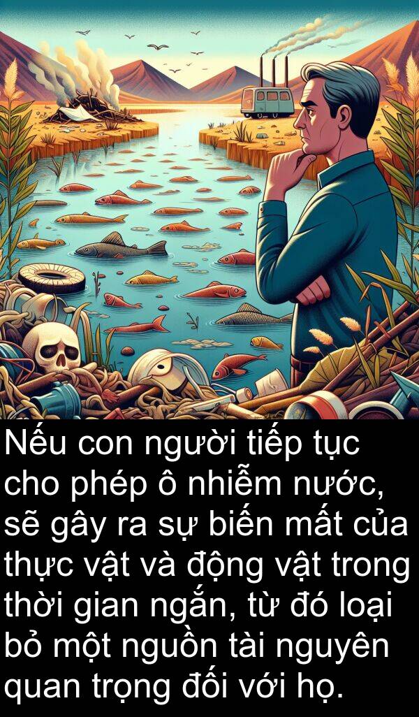 mất: Nếu con người tiếp tục cho phép ô nhiễm nước, sẽ gây ra sự biến mất của thực vật và động vật trong thời gian ngắn, từ đó loại bỏ một nguồn tài nguyên quan trọng đối với họ.