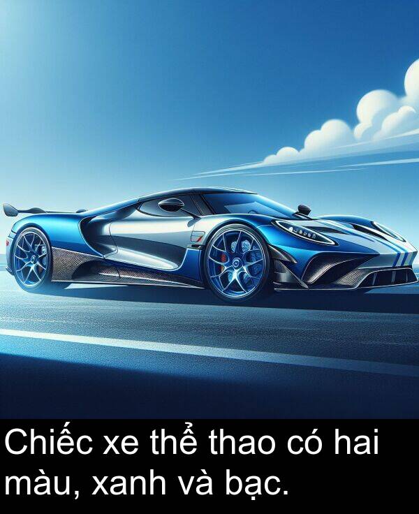 thao: Chiếc xe thể thao có hai màu, xanh và bạc.